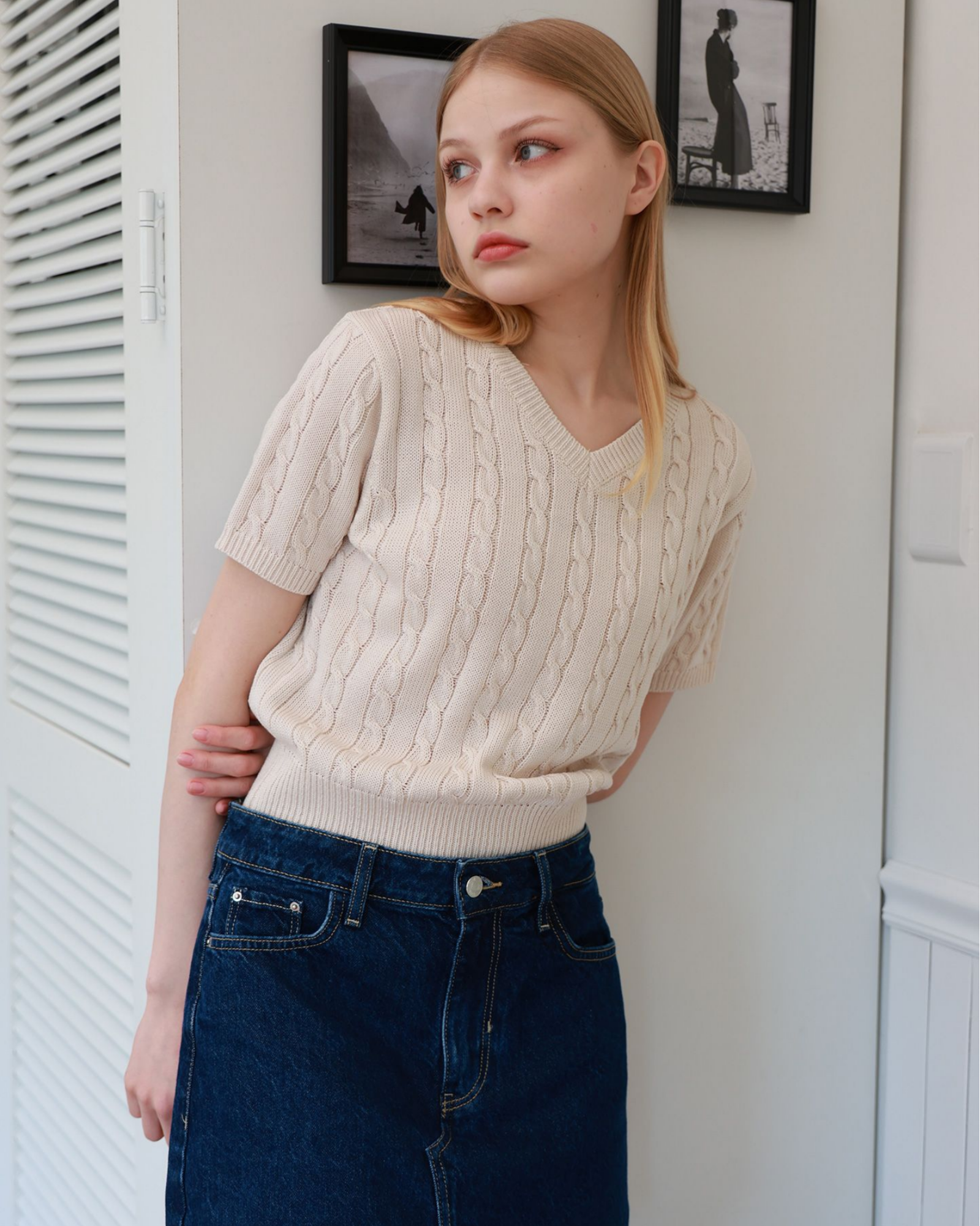 Short Sleeve Cable Knit Sweater